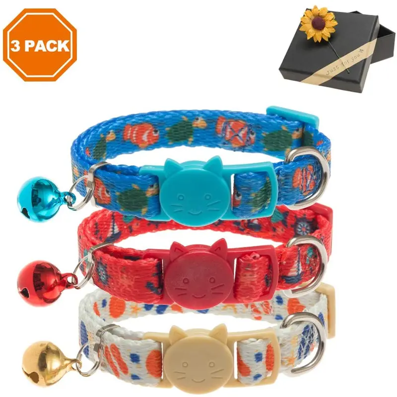 PAWCHIE - Collar ajustable para gato con campana, diseño de patrón oceánico para gatito (3 unidades)