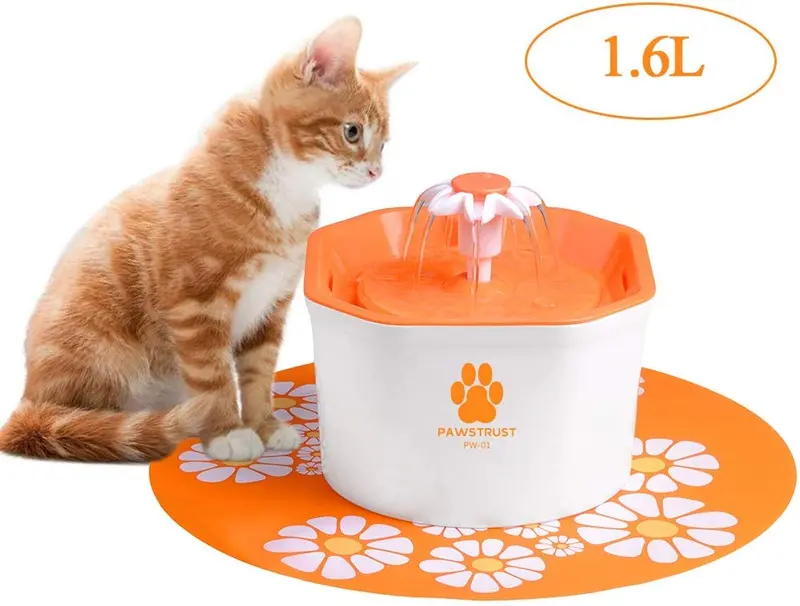 Pawstrust Fuente de agua para gatos, 1,6 L, dispensador automático de filtro de agua para mascotas con alfombrilla de silicona, súper silencioso, sano e higiénico y filtros de repuesto