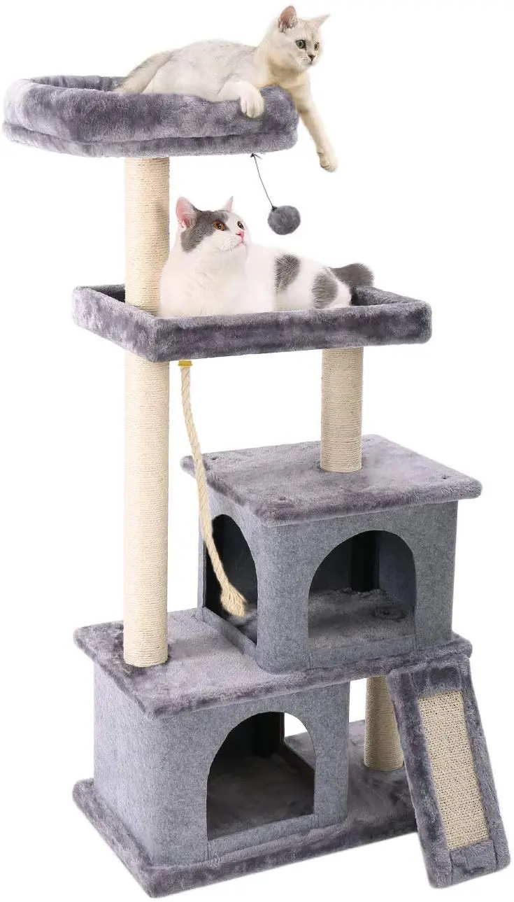 PAWZ Road Árbol para gatos de varios niveles y lujosas torres para gatos de 50.0 in con 2 condominios, espaciosas perchas, poste para rascar, bolas colgantes y rampa