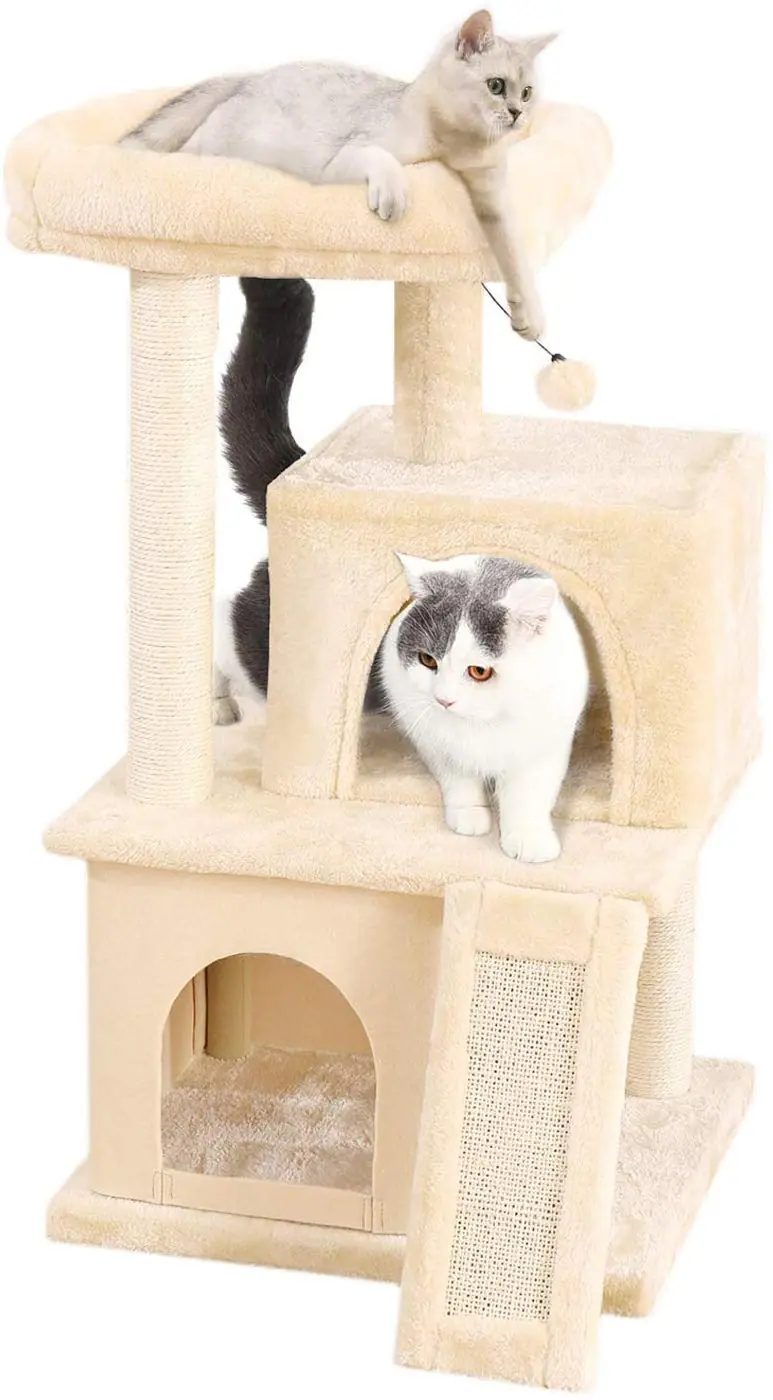 Pawz Road Cat Tree Torre de lujo para gatos con doble condominio, espaciosa percha, postes de sisal completamente envueltos para rascar y bolas reemplazables para colgar