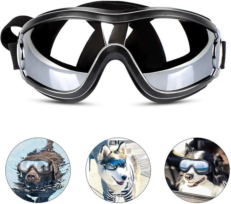 PEDOMUS - Gafas de sol para perro, correa ajustable para viajes, esquí y antiempañamiento para mascotas, tamaño mediano a grande, color negro