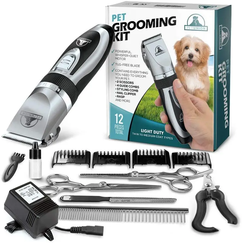 Pet Union Professional Dog Grooming Kit - Rechargeable, Cordless Pet Grooming Clippers & Complete Set of Dog Grooming Tools. Low Noise & Suitable for Dogs, Cats and Other Pets