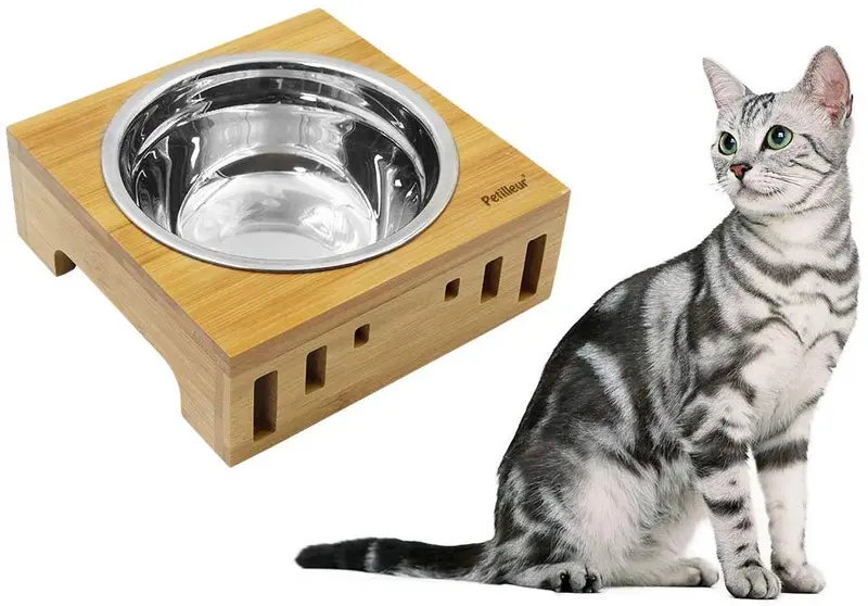Petilleur - Cuencos elevados de madera con soporte de bambú para gatos y cachorros