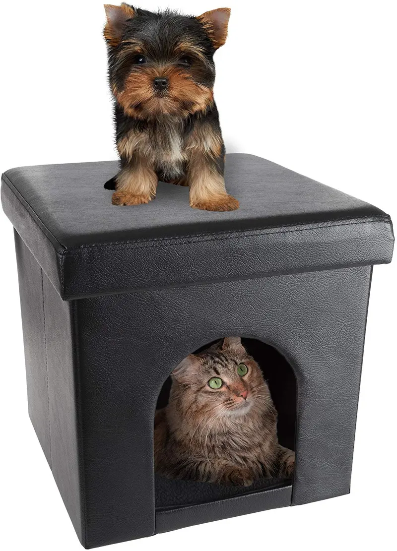 PETMAKER Casa para mascotas otomana – plegable multiusos gato o perro pequeño cubo y reposapiés con cojín superior e interior almohada