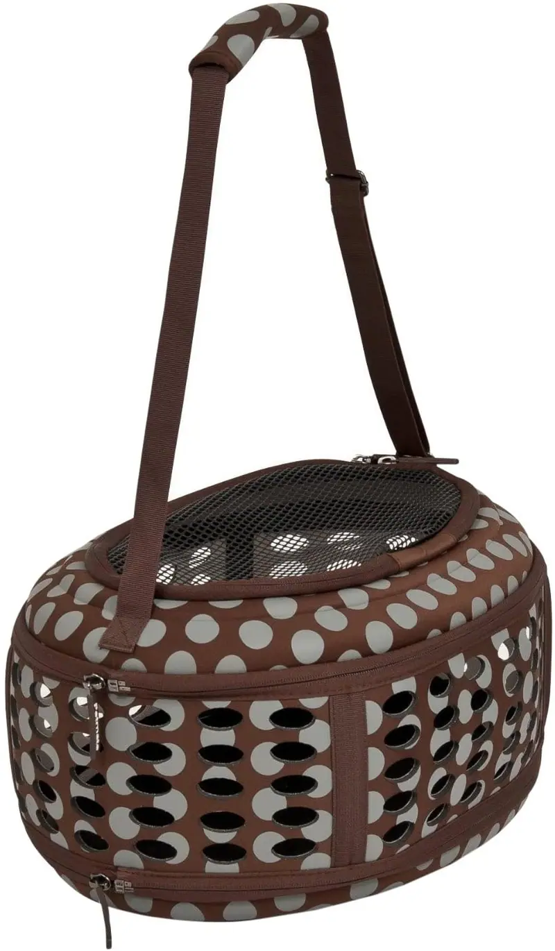 petmate 21789 curvations Underseat mascota pequeña Traveler con tapa, diseño de lunares, color café/gris