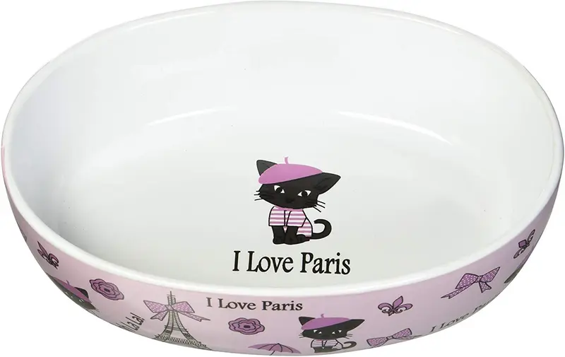 PetRageous I Love Paris, cuenco ovalado para gato de 6.5 in en color rosa, 2 tazas