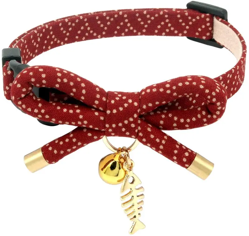 PetSoKoo - Collar para gato con campana Elegante lazo con colgante de hueso de pez. Rotura de seguridad, peso ligero, suave, duradero.