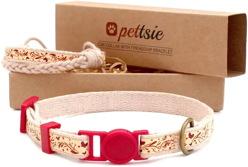 Pettsie - Pulsera de amistad con collar de gato y collar a juego, caja de regalo ecológica, anillo en D para accesorios, 100% algodón para mayor seguridad y comodidad, ajustable de 7.5 – 11.5 in