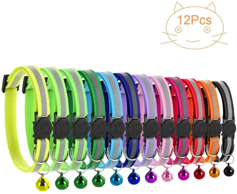 Petyoung - Paquete de 12 collares reflectantes para gatos, hebilla de liberación rápida con campana, collar ajustable para gato, 7.5 – 12.6 in