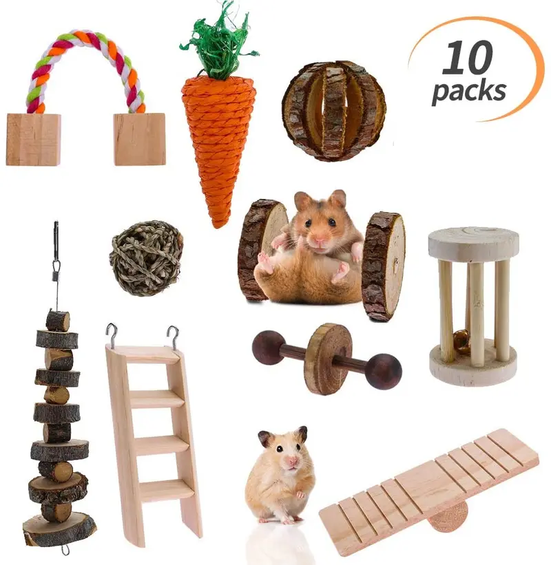 Pikakos Juguetes para masticar hámster, 8/10 piezas, accesorios para jaula de ratas para animales pequeños, cobaya, chinchilla, conejo, juguetes para ocultar y cuidar los dientes