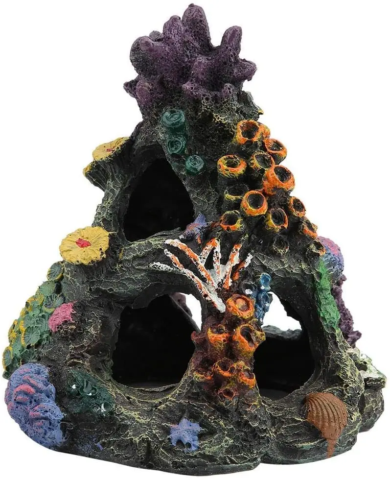 PINVNBY - Decoración de acuario de coral, resina para pecera, roca, montaña, cueva, adornos, Betta Fish House, para Betta, reposo, esconderse, jugar a la raza