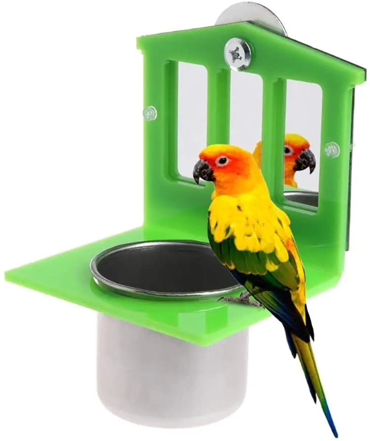 PIVBY - Juguete de espejo para pájaros con comedero de acero inoxidable para comida de loro y aves acuáticas