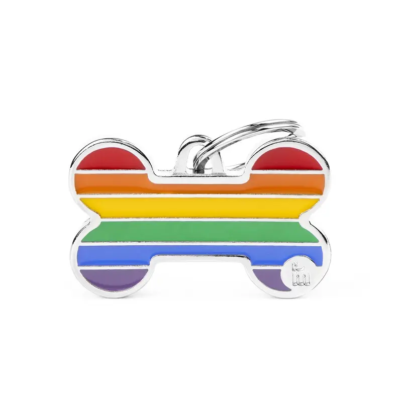 Placa ID Arco Iris Grande en Forma de Hueso para Perros