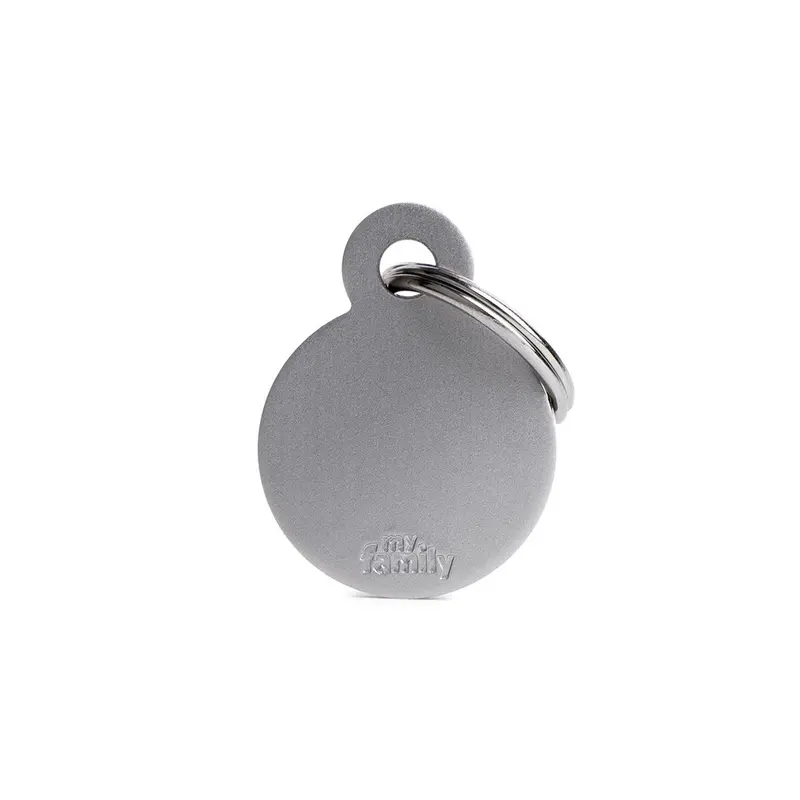 Placa ID de Aluminio Chica Gris en Forma Redonda para Perros