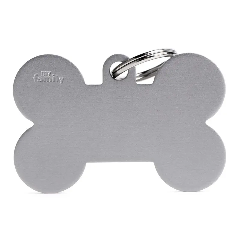 Placa ID de Aluminio Extra Grande Gris en Forma de Hueso para Perros