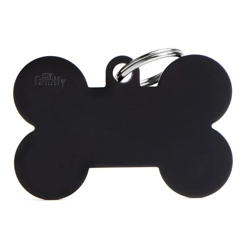 Placa ID de Aluminio Extra Grande Negra en Forma de Hueso para Perros