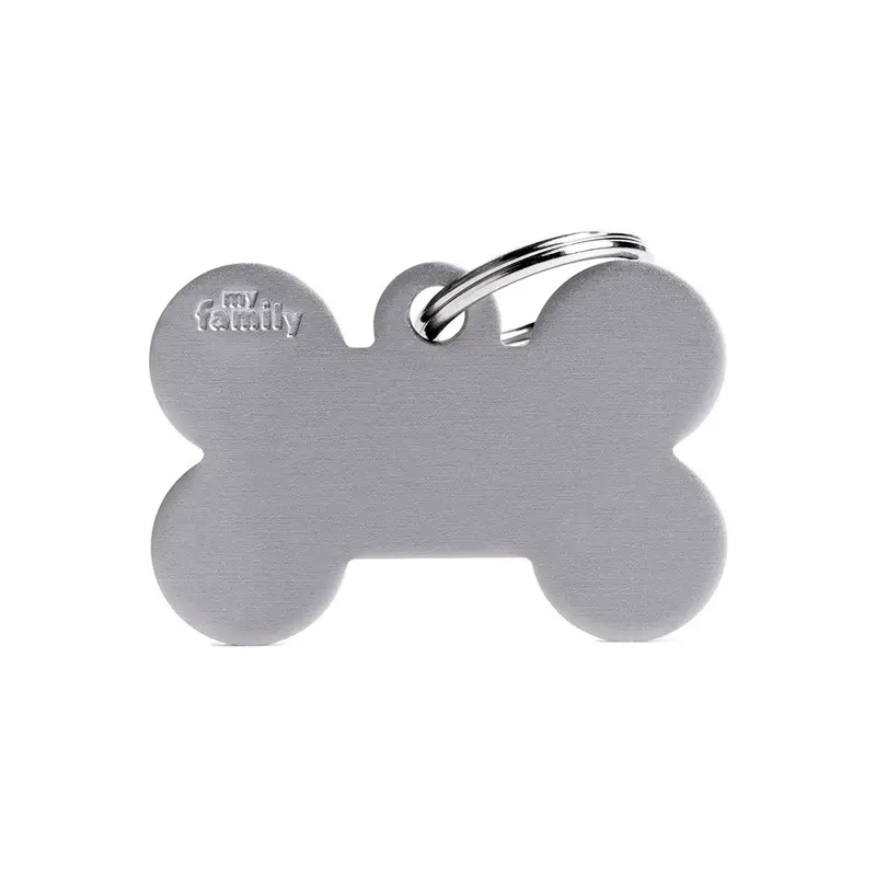 Placa ID de Aluminio Grande Gris en Forma de Hueso para Perros