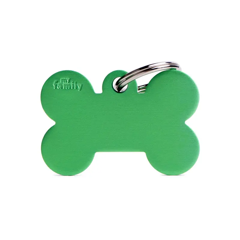 Placa ID de Aluminio Grande Verde en Forma de Hueso para Perros