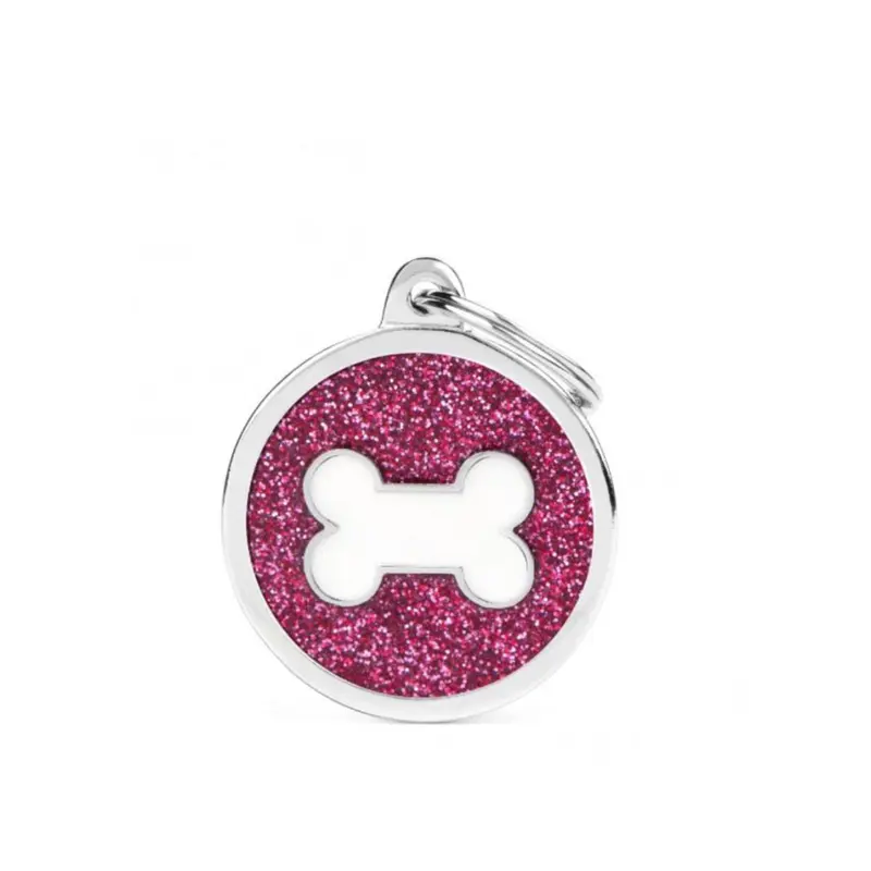 Placa ID My Family Círculo Grande Hueso Glitter Rosa