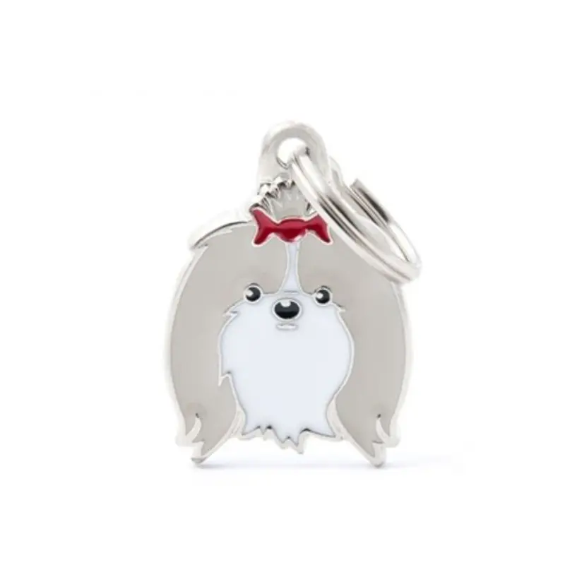 Placa ID My Family Shih Tzu Blanco y Oro Con Moño