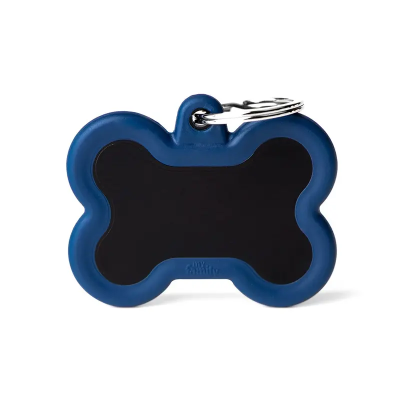 Placa ID Silenciosa de Aluminio Azul Oscuro en Forma de Hueso para Perros | MyFamily