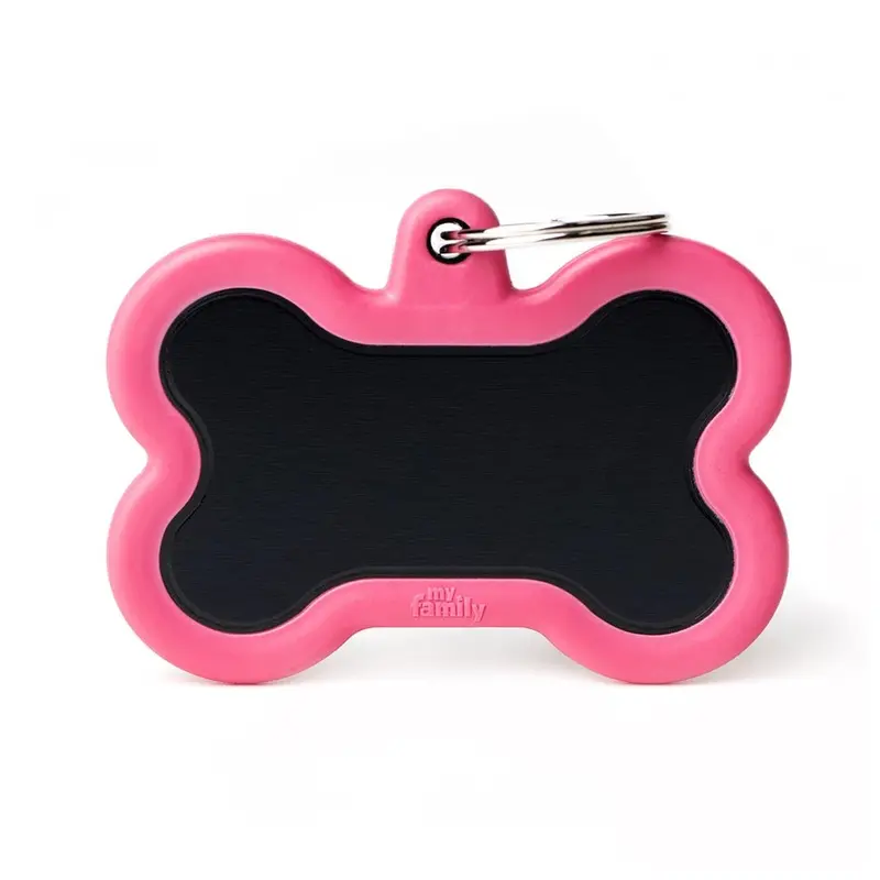 Placa ID Silenciosa de Aluminio Extra Grande Rosa en Forma de Hueso para Perros