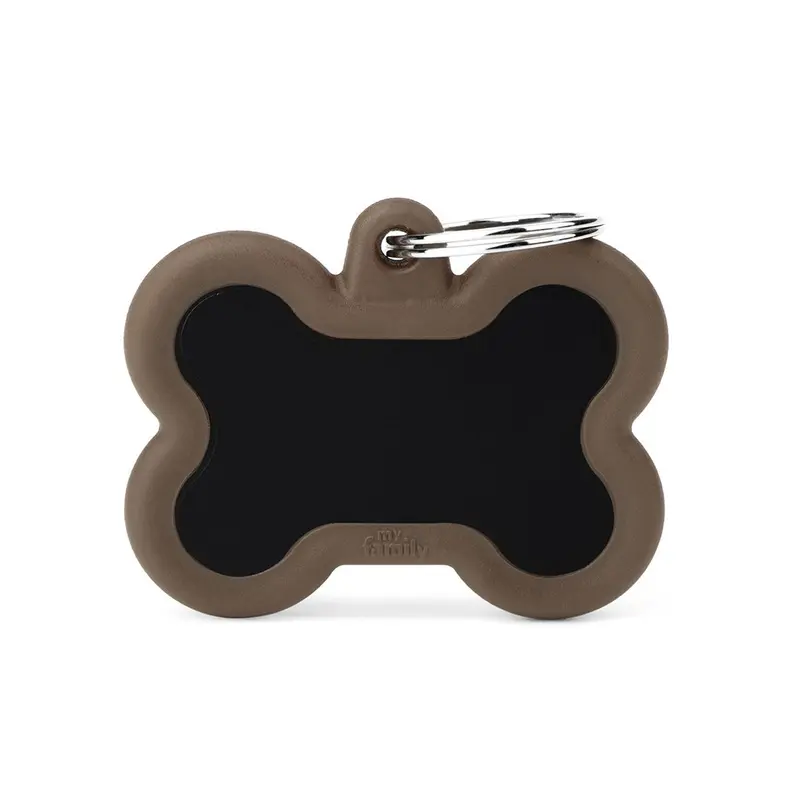 Placa ID Silenciosa de Aluminio Marrón en Forma de Hueso para Perros | MyFamily