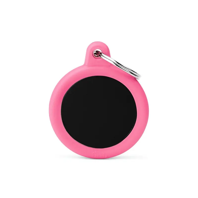 Placa ID Silenciosa de Aluminio Rosa en Forma de Círculo para Perros | MyFamily