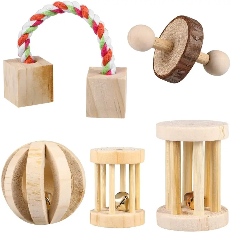 POPETPOP - Juguete de madera natural para masticar hámster, juguete de ejercicio, campana, rodillo, cuidado de dientes, juguete molar para conejos, conejos, ratas, gerbillos y otros animales pequeños