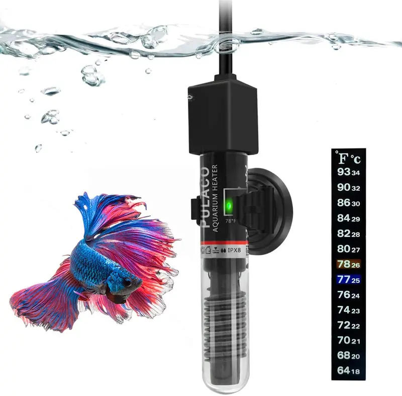 PULACO Calentador de Betta pequeño de 25 W con tira termómetro gratis, tanques de peces de menos de 6 galones