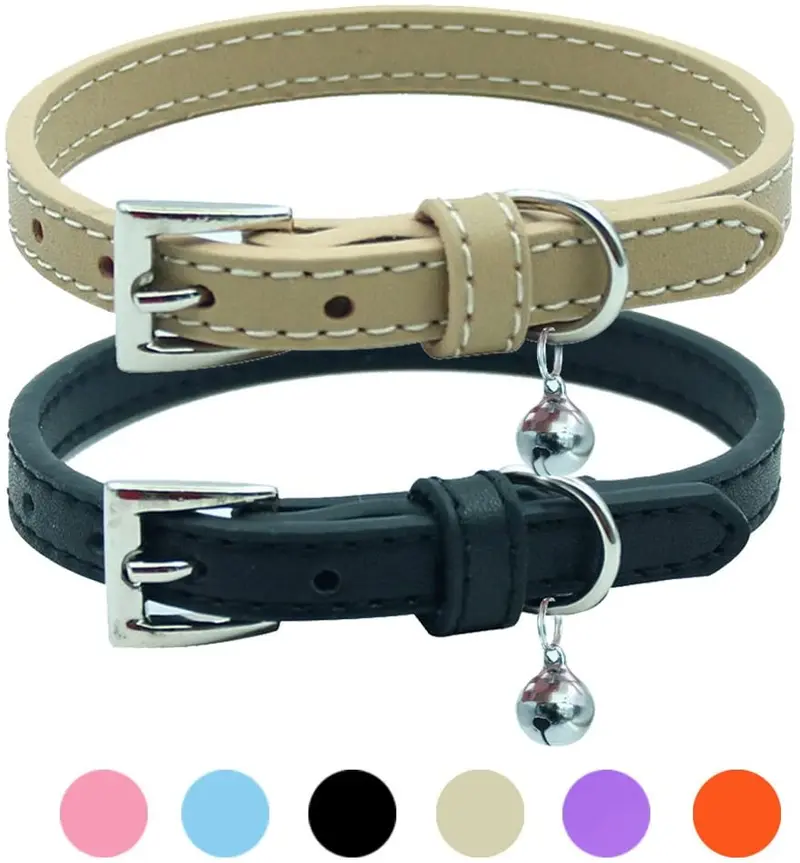 PUPTECK - 2 collares de piel suave para gato, color naranja, morado, negro, caqui, rosa, azul