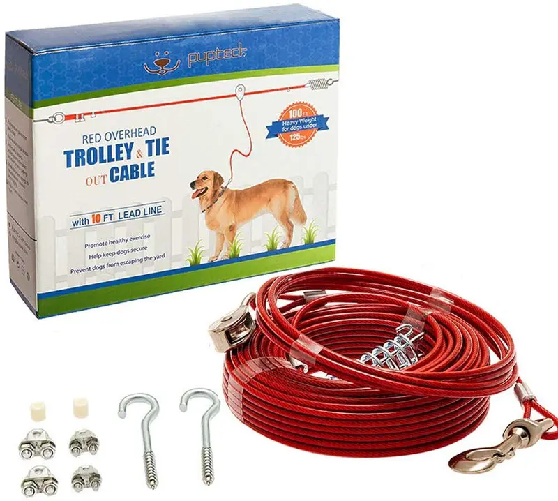 PUPTECK - Cable para perro de correr, 100 pies, pesado, con 10 pies de camino para perro de hasta 125 libras, color rojo