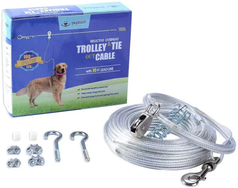 PUPTECK Cable reflectante para perro – Cable de amarre de peso pesado de 100 pies con corredor de 10 pies para perro de hasta 125 libras