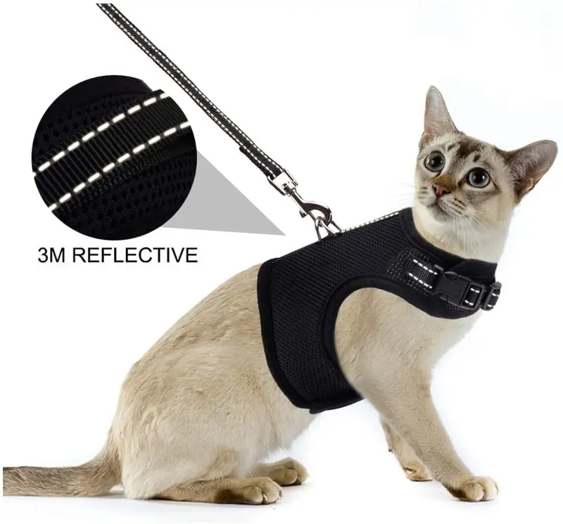 PUPTECK Cat Leash Reflective Escape Proof Harness - Black Soft Mesh Adjustable - Best for Walking