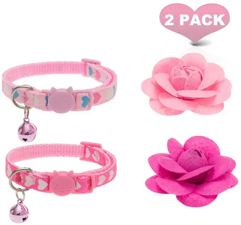 PUPTECK - Collar de gato con accesorios de flores extraíbles y campana – ajustable, desprendimiento