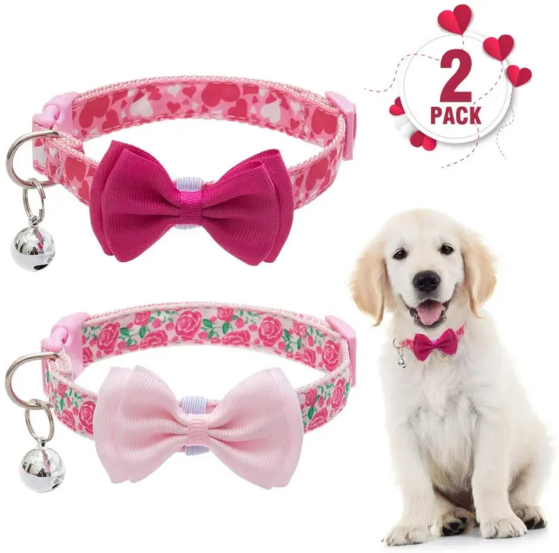 PUPTECK Collar de perro con campana para el día de San Valentín ajustable con lazo extraíble – Corazón romático y diseño de rosa, regalo dulce para perros pequeños, gatos y mascotas