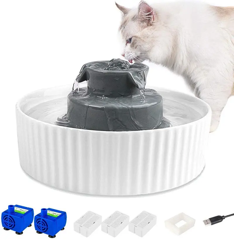 QiMH Ceramic Pet Cat Fountain 360° Cupcake Porcelain Dog Water Fountain, Ultra Quiet Automatic Pet Drinking Fountain Water Dispenser with USB Port, Replacement Pump and Filters
