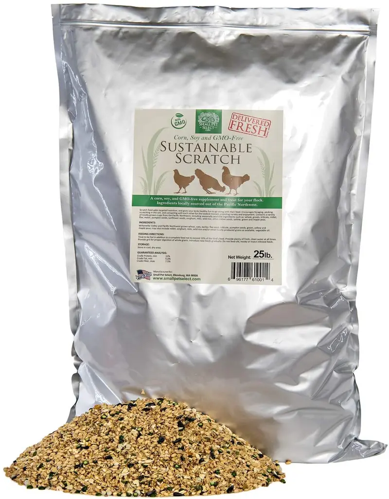 Rascador de gallinas sostenible para mascotas pequeñas, sin OMG, sin maíz, sin soja. Producto de origen local y fabricado en lotes pequeños. 25 lb