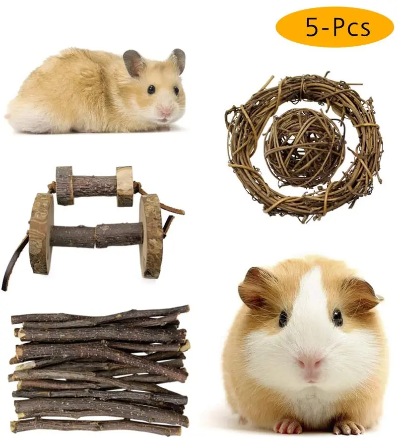 Rieibi Juguetes para masticar hámster, paquete de 5 pequeños juguetes de actividad animal accesorios de cuidado de los dientes Molar juguete para conejos, jerbiles, cobayas, ratas, chinchillas