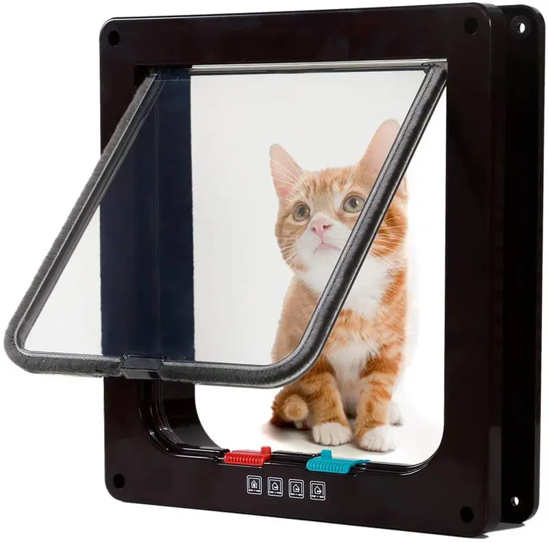 Rikounan Puerta de gato con 4 vías de bloqueo, puertas silenciosas para gatos, puertas grandes para interior y exterior, fácil instalación, puerta de solapa premium para gatos y perros pequeños