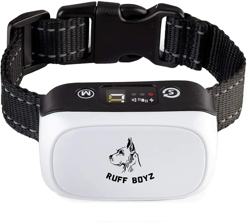 RUFF BOYZ collar de corteza para perros grandes, perros pequeños y medianos – Collar de corteza recargable con advertencia de sonido y control de vibración, Blanco