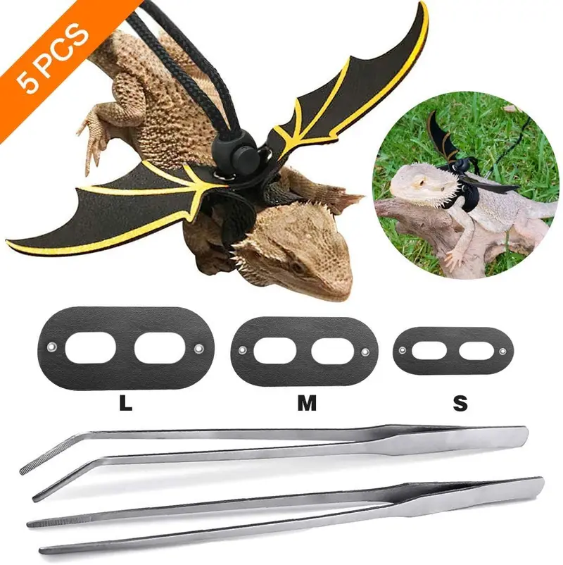 Sayopin Adjustable Reptile Bearded Dragon Harness + 2pcs Reptile Feeding Pliers Stainless Steel Feeder Tool, Reptile Harness Suitable for Small, Medium and Large Reptiles