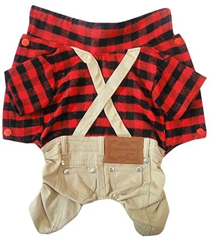 SELMAI Dog Overall Pet Clothes for Small Dog Red Plaid Button Down with Khaki Bib Pants Outfits Soft Breathable Onesies Jumpsuit for Puppy Boys Cat Apparel for Walking Outdoor Spring Autumn