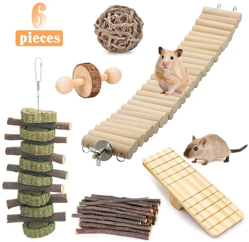 ShellKingdom Hamster Chewing Toys, Guinea Pig Chinchilla Natural Wooden Dumbbells Exercise Bell Roller Stick Seesaw Swing Teeth Care Chew Molar Toy Accessories for Gerbil Rat Rabbit Bird Bunny