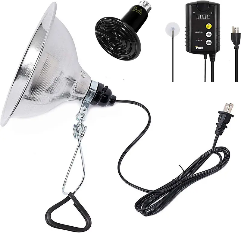 Simple Deluxe - Bombilla de repuesto de cerámica infrarroja de 100 W y abrazadera de 150 W con reflector de aluminio de 8.5 in y controlador digital de termostato de 40 – 108 °F para mascotas anfibias