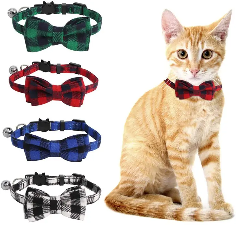 SLSON - Juego de 4 collares para gato con campana, a cuadros y pajarita para mascotas, gatitos y gatos, ajustables de 8 a 11 pulgadas, negro, azul, rojo y verde