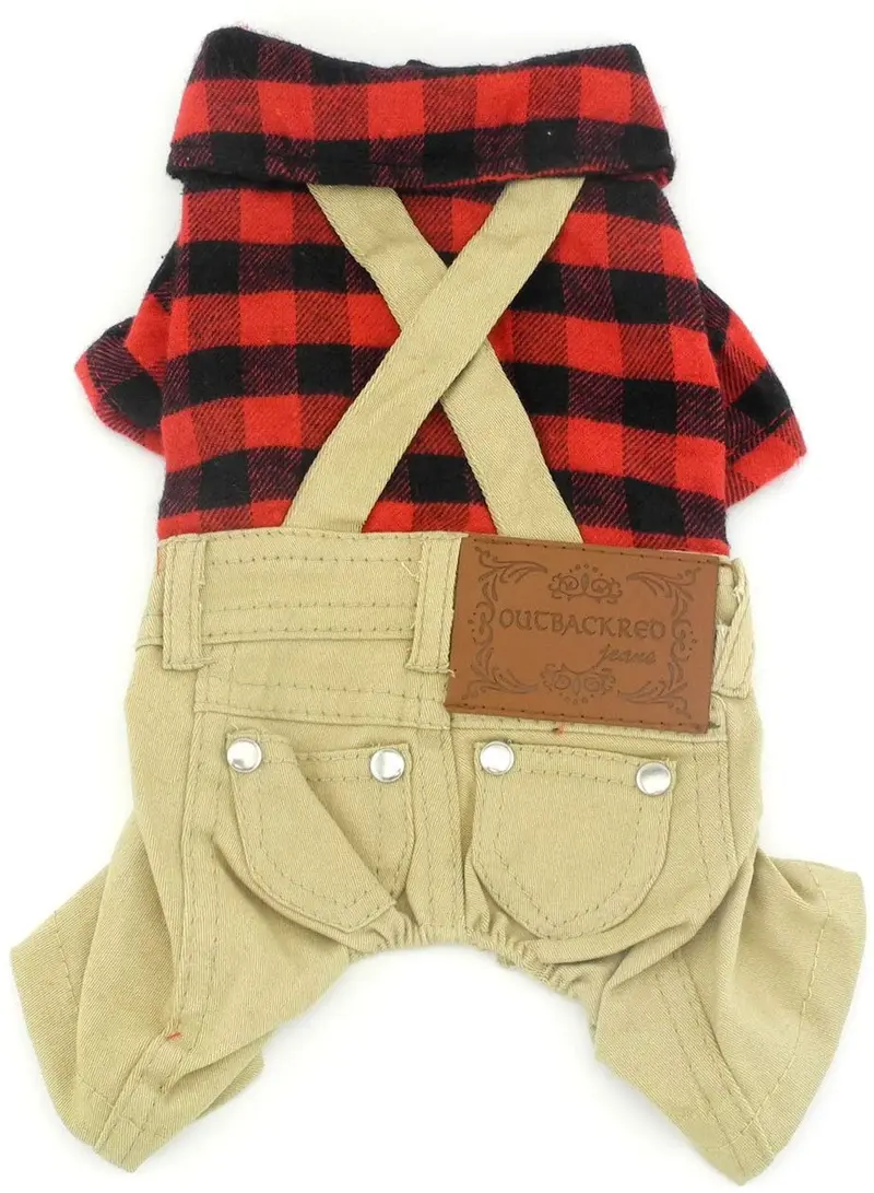 SMALLLEE_LUCKY_STORE Pet Clothes for Small Dog Cat Red Plaid Shirts Sweater with Khaki Overalls Pants Jumpsuit