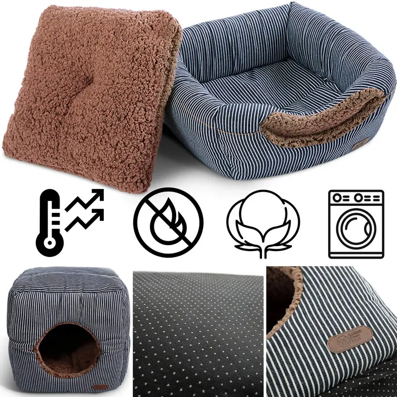 Smiling Paws mascotas único 2 en 1 cama para gato/gato condo y casa para gato de algodón orgánico grueso, forro de felpa y bolsillo lateral para pequeños juguetes (5.1 x 5.1 x 5.1 in)