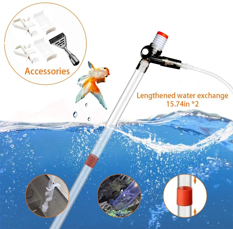 SSRIVER - Kit de limpiador de grava para acuario con boquilla larga para cambiar el agua y limpiar la grava del filtro con botón de presión de aire y controlador de flujo de agua ajustable, sin BPA