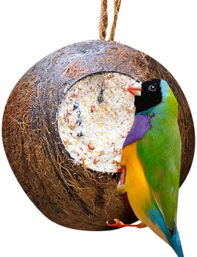 SunGrow Coco Shell - Casa de pájaros para pájaros pequeños a medianos, cáscara de coco crudo, dispensador de dulces, duradero y resistente, incluye lazo para colgar, Caseta para pájaros